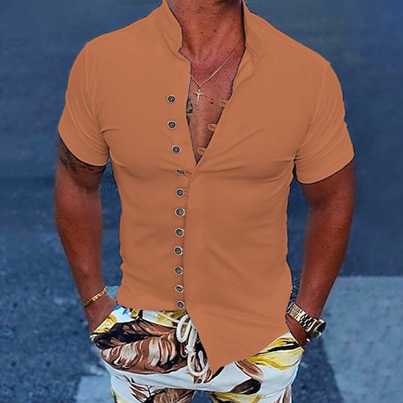 Men's Button Up Casual Summer Beach Shirt Short Sleeve Plain Stand Collar Daily Vacation Fashion Comfortable Shirt 