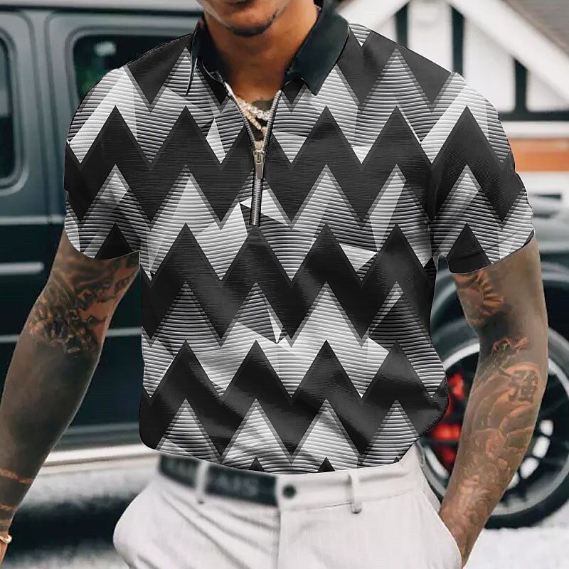 Men's Zip Polo Lapel Polo Polo Shirt  Graphic Prints Geometry Turndown Outdoor Street Short Sleeves Zipper Print Casual Golf Shirt