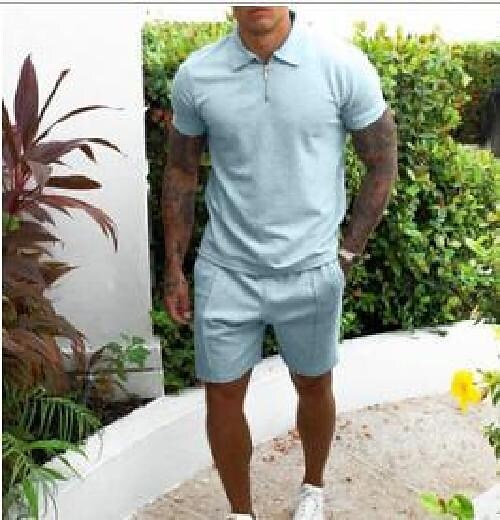 Men's Casual Lapel Short Sleeve Shirt Pocket Short Tracksuit