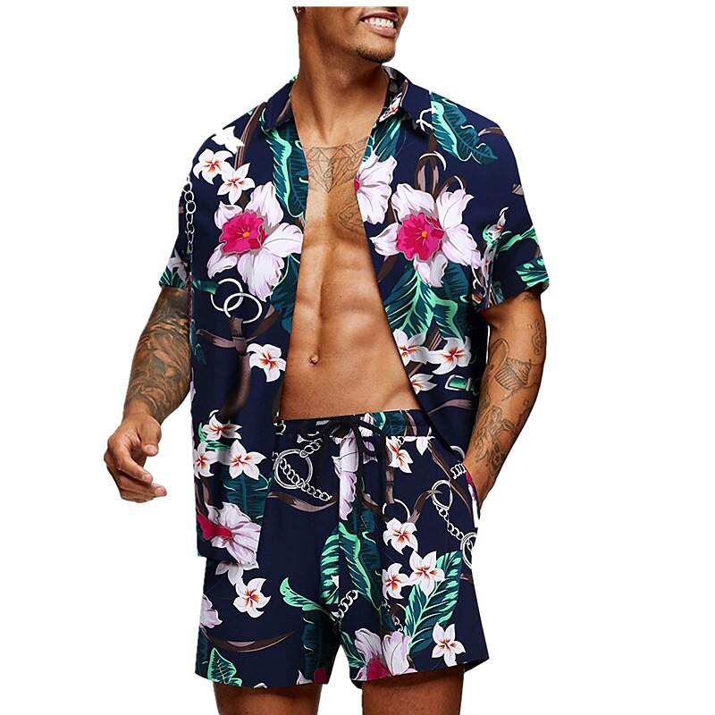 Men's Two Pieces Set Hawaiian Shirt Aloha Shirt Floral Turndown 3D Pri