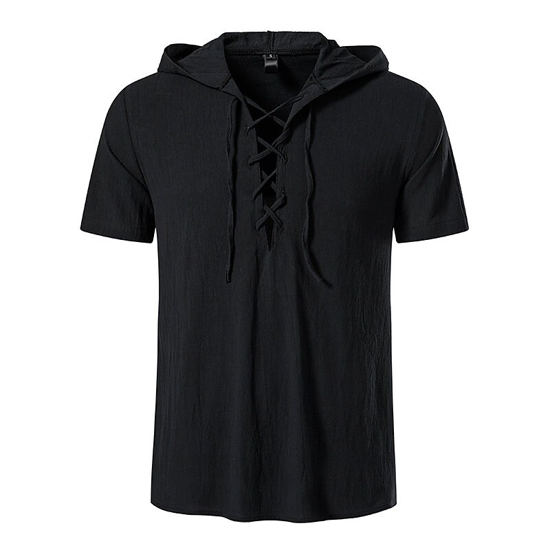 Male Casual Shirt Hooded Summer Short Sleeve Solid Color Casual Clothing Apparel Drawstring