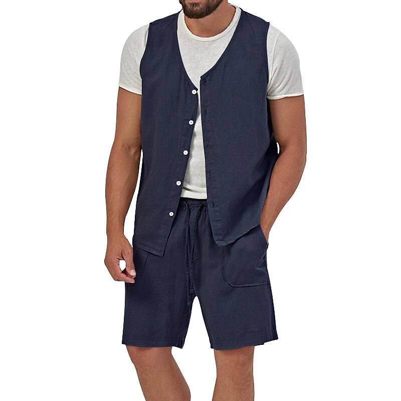 Men's 2 Piece Casual Beach Shirt Sleeveless Plain V Neck Street Vacation Shirt 