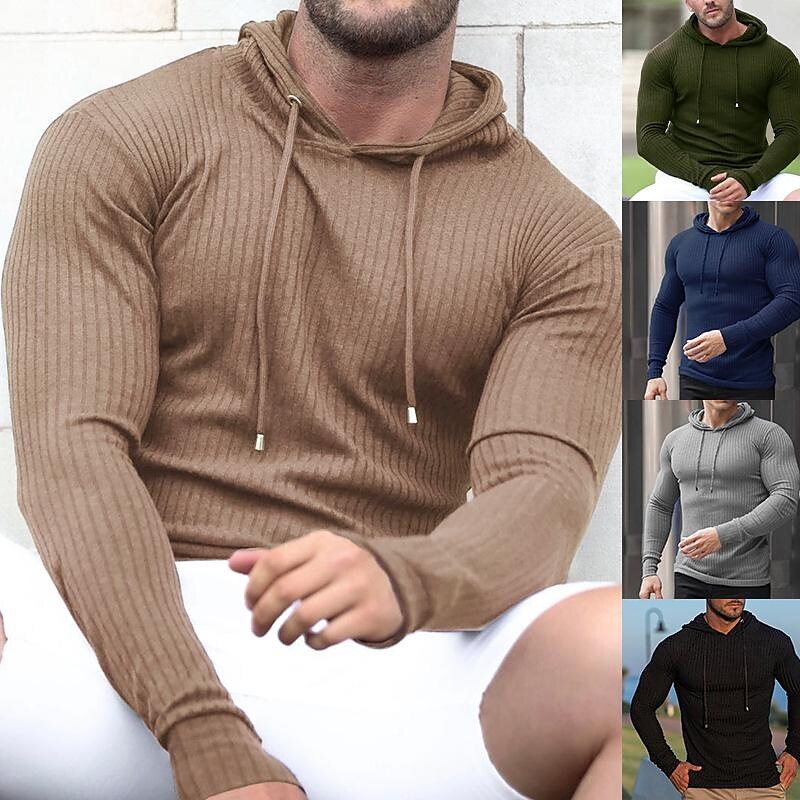 Men's Sports Muscle Solid Color Knit Long-sleeved Hooded Sweatshirt