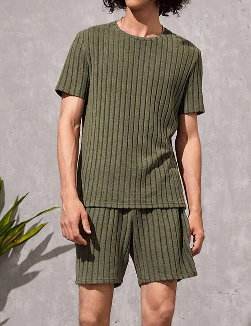 Men's T-shirt Suits Ribbed Knit Tee & Shorts Plain Crew Neck Daily Wear Vacation Short Sleeves Clothing Apparel Gymnatics Casual