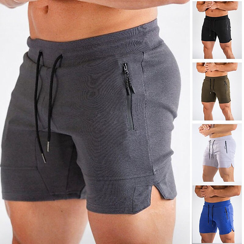 Men's Active Board Workout Running Shorts Drawstring  Zipper Pocket Solid Color Breathable Sport Gym Shorts