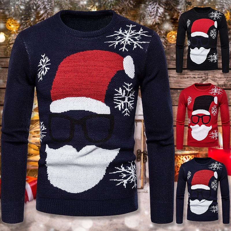 Men's Ugly Christmas Ribbed Knit Crew Neck Long Sleeve Basic Sweater