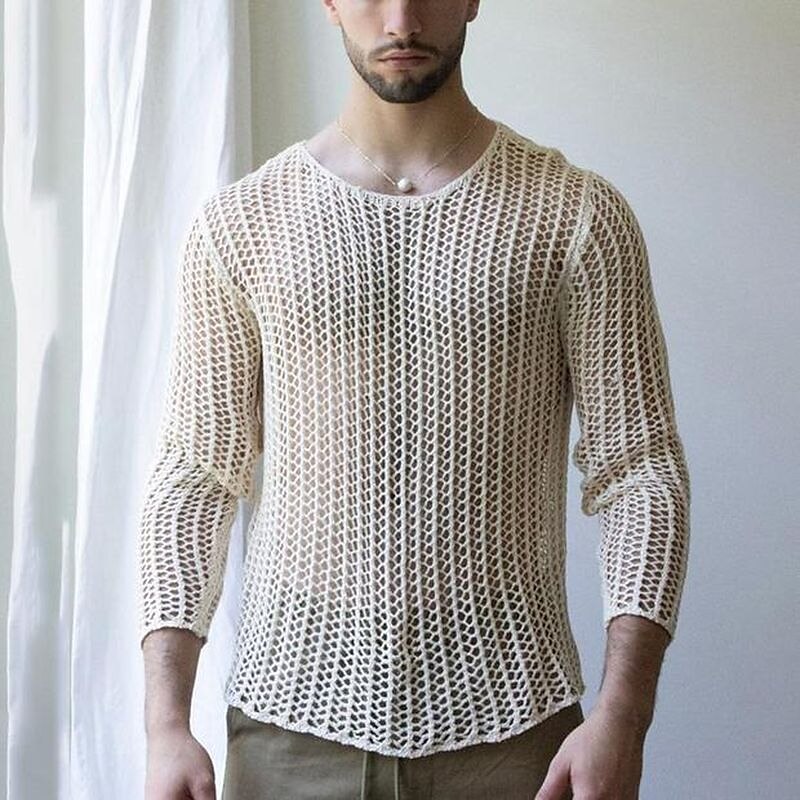 Men's Casual Street Vacation Fashion Comfortable Breathable Light Plain Mesh Long Sleeve T Shirt