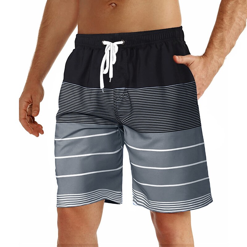 Men's Swim Trunks Summer Shorts Bermuda Drawstring with Mesh lining Elastic Waist Graphic Stripe Breathable Soft Casual Short 
