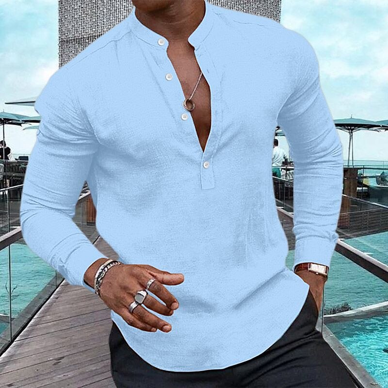 Men's Shirt Casual Summer Beach Shirt Long Sleeve Plain Henley Spring