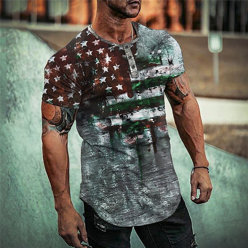 Men's Outdoor Street Casual Fashion Comfortable Breathable Print Short Sleeve Henley Shirt     