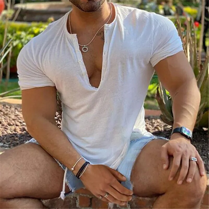Men's Henley Shirt Plain Street Vacation Short Sleeve Button Clothing Apparel Basic Top