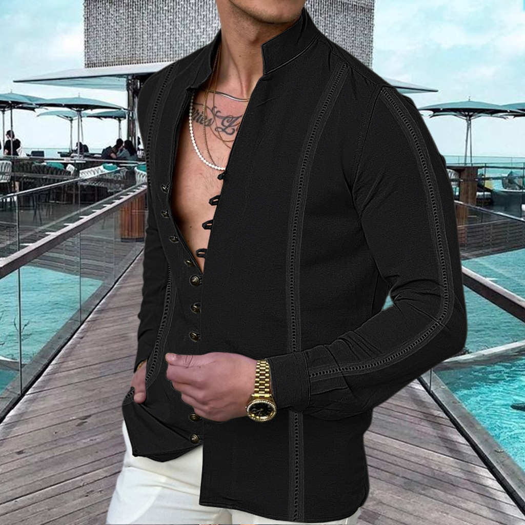Men's Linen Button Up Summer Beach Shirt  Long Sleeve Plain Standing Collar Spring & Summer Casual Daily Top