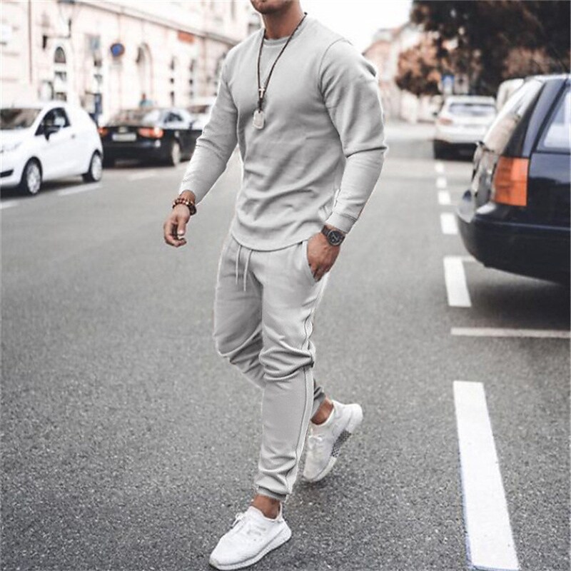 Men's Solid Crew Neck Shirt Elastic Waist Pocket Pant Tracksuit