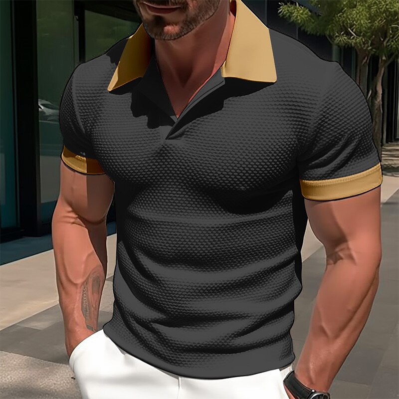 Men's Polo Golf Shirt Casual Sports Lapel Short Sleeve Fashion Basic Color Block Patchwork Summer Polo Shirt