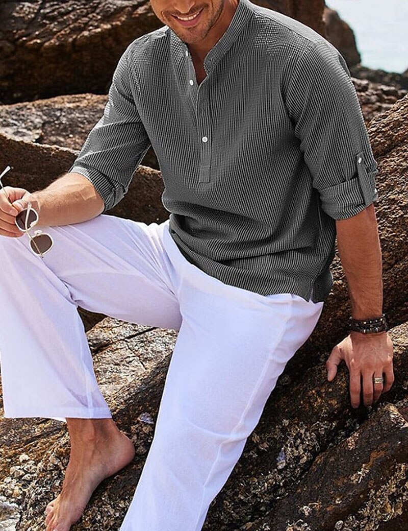 Men's Shirt Casual Shirt Summer Shirt Beach Shirt Henley Shirt Black White Blue Green khaki Long Sleeve Plain Henley Daily Vacation Clothing Apparel Fashion Casual Comfortable