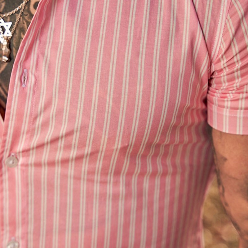 Men's Button Up Summer Casual Shirt Short Sleeve Striped Turndown Stre