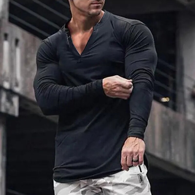 Men's T shirt Plain V Neck Street Vacation Long Sleeve Clothing Basic Top