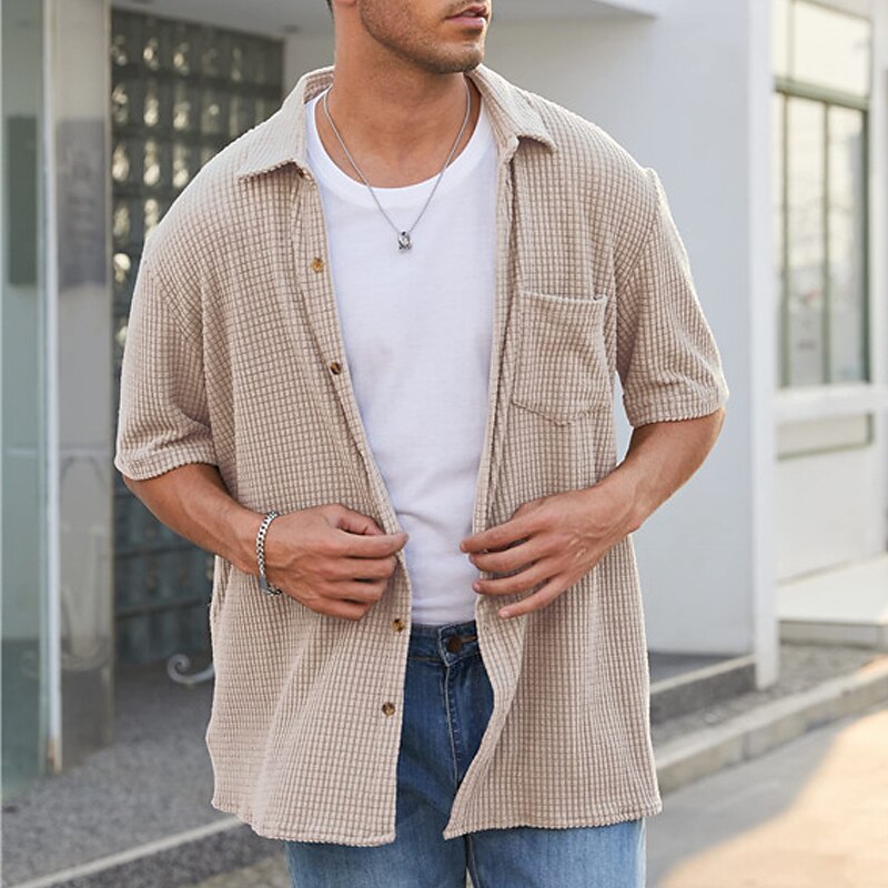 Men's Button Up Casual Summer Waffle Shirt Short Sleeve Plain Lapel Daily Vacation Front Pocket Comfortable Shirt 