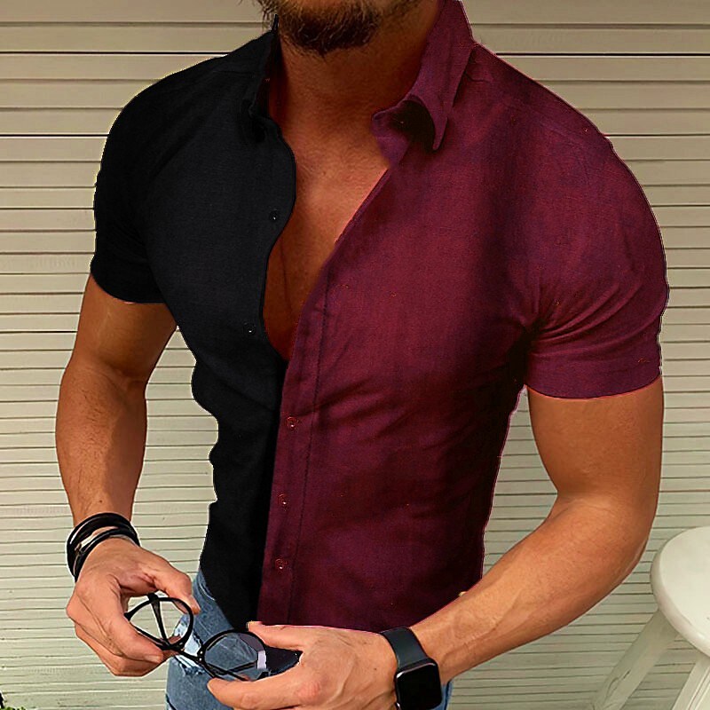 Men's Outdoor Street Short Sleeve Patchwork Button-Down Shirt