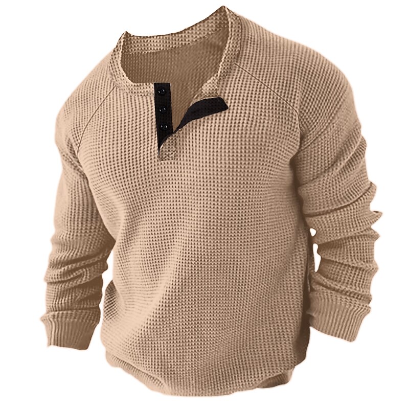 Men's Waffle Henley Shirt Long Sleeve Shirt Plain Henley Long Sleeve Button-Down  Streetwear Casual Henley Shirt