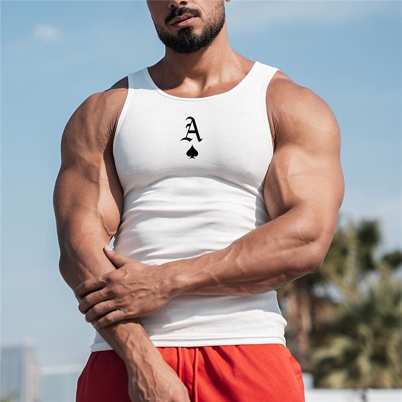 Men's Tank Top Sleeveless T Shirt for Men Graphic Letter Poker Crew Neck Print Daily Sports Sleeveless Muscle Wife Beater Vest Top