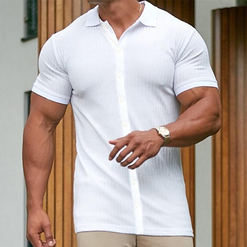 new european and american cross-border foreign trade wish men's summer sports fitness leisure stretch vertical strip short-sleeved polo shirt men
