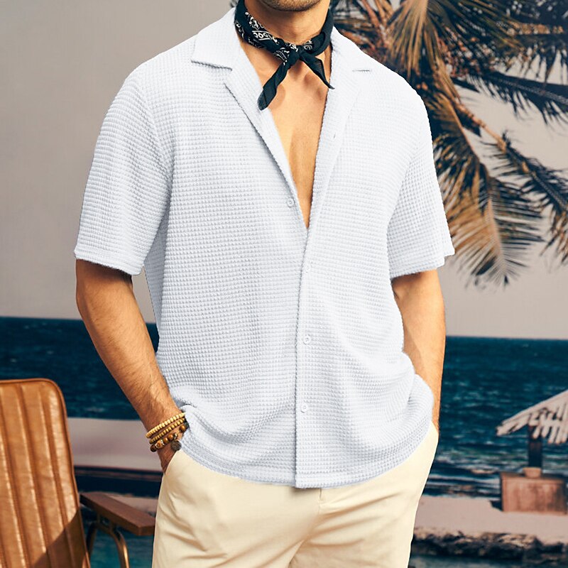 Men's Button Up Casual Shirt Waffle Henley Shirt Short Sleeve Plain Collar Daily Vacation Casual Comfortable Shirt 
