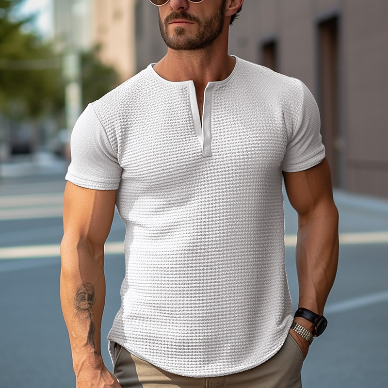 Men's T shirt Tee Waffle Shirt Tee Top Plain V Neck Street Vacation Short Sleeves Clothing Apparel Fashion Designer Basic Top