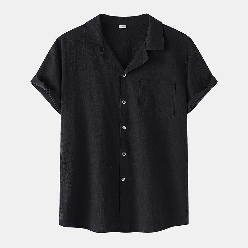 Men's Linen Shirt Summer Shirt Casual Shirt Cuban Collar Shirt Black White Yellow Short Sleeve Plain Lapel Spring & Summer Hawaiian Holiday Clothing Apparel Pocket