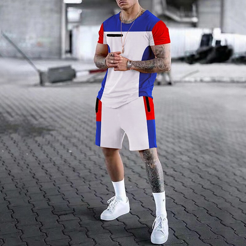 Men's Shorts and T Shirt Set Outfits Block Crew Neck Print Outdoor Dai