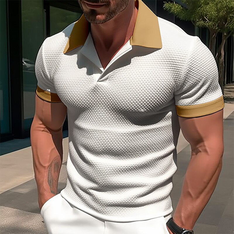 Men's Polo Golf Shirt Casual Sports Lapel Short Sleeve Fashion Basic Color Block Patchwork Summer Polo Shirt