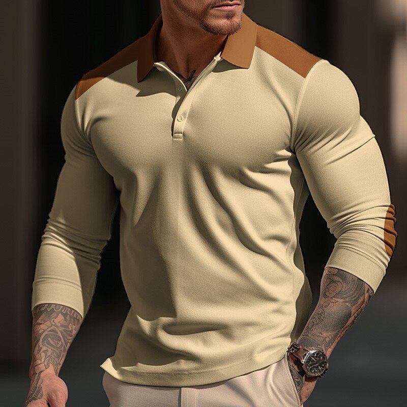Men's Button Up Polos Polo Shirt Casual Sports Lapel Long Sleeve Fashion Basic Color Block Patchwork Button Up Polos