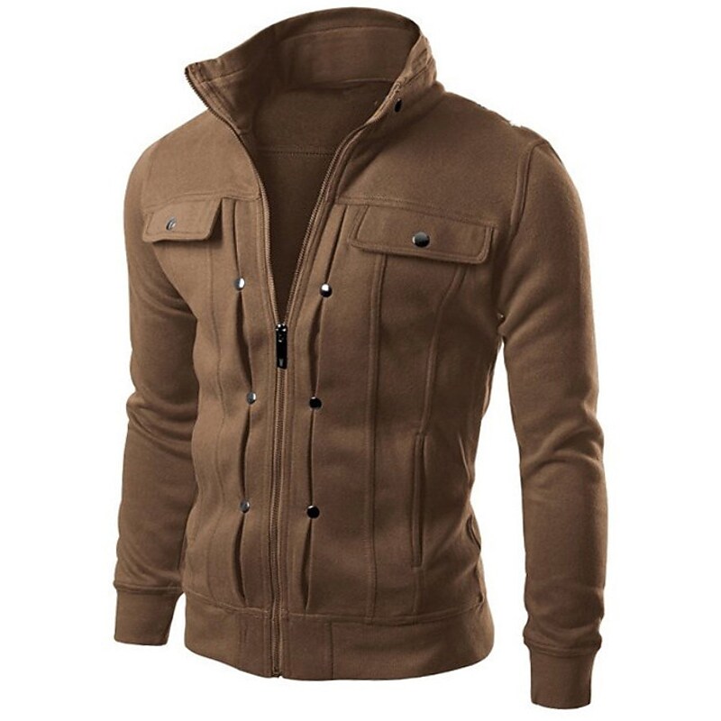 Men's Casual Solid Color Zipper Long Sleeve Button Coat