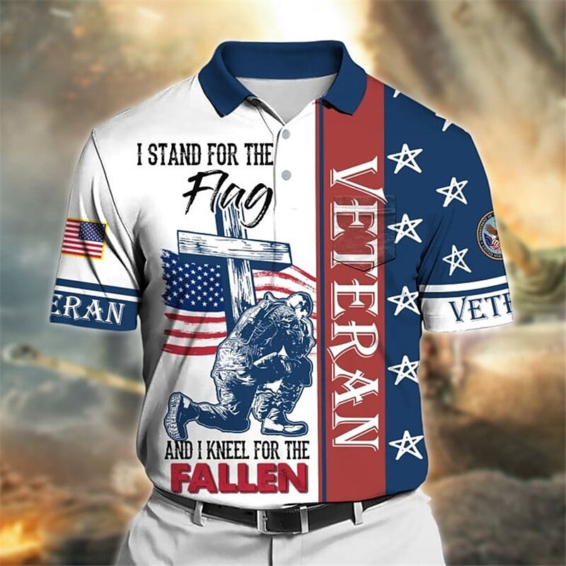Men's Button Up Polo Shirt Golf Shirt Graphic Prints Cross American Flag Jesus Turndown Short Sleeves Polos 