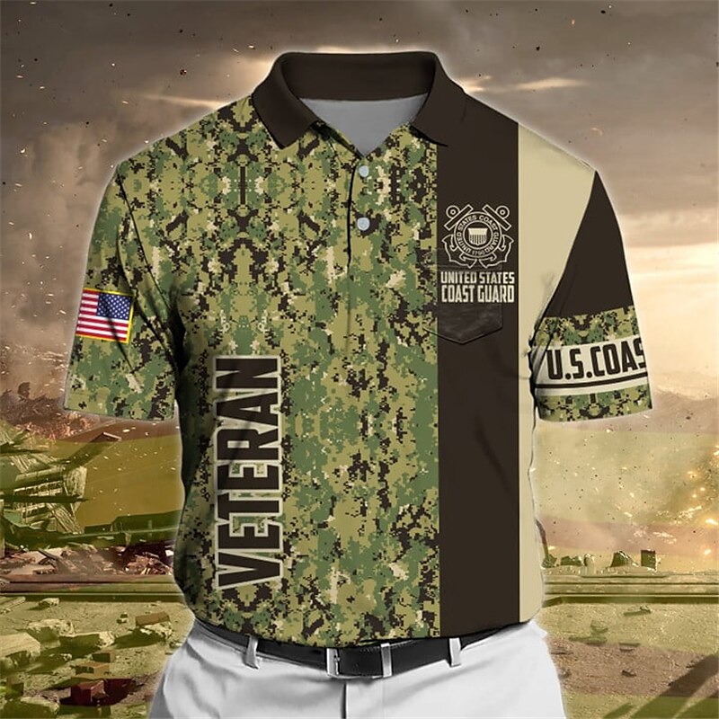 Men's Button Up Polo Shirt  Graphic Prints Camo / Camouflage Veterans Turndown Outdoor Street Short Sleeves Print Sports Golf Shirt