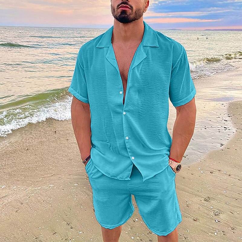 Men's Shirt 2 Piece Shirt Set Summer Set Short Sleeve Plain Lapel Spring & Summer Hawaiian  Pocket