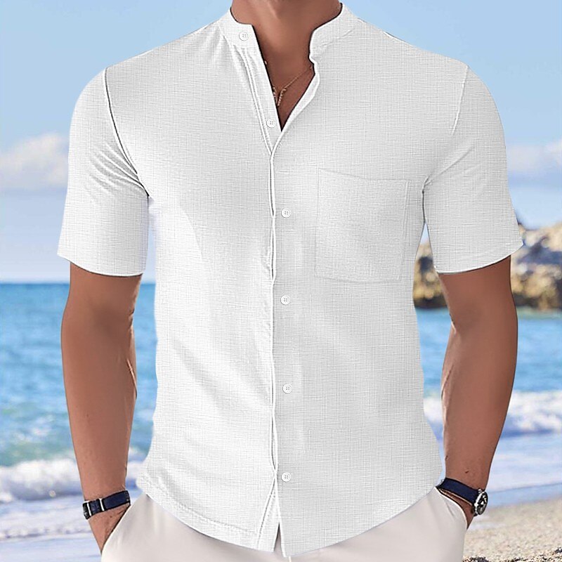 Men's Beach Casual Fashion Vacation Comfortable Light Front Pocket Plain Short Sleeves Shirt