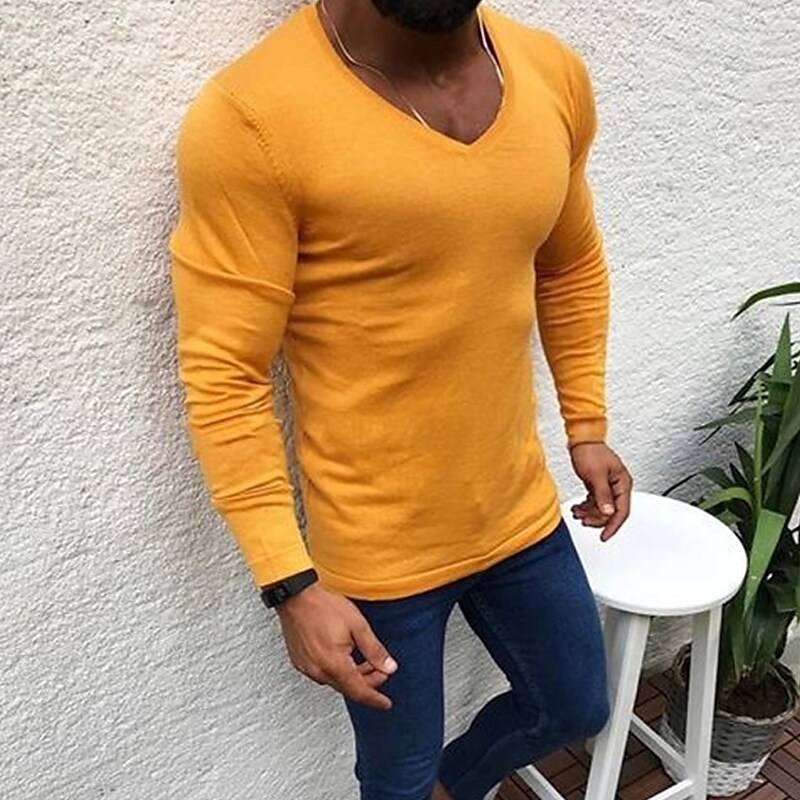 Men's Cropped Knitted Solid Color V Neck Long Sleeve Basic Sweatshirt