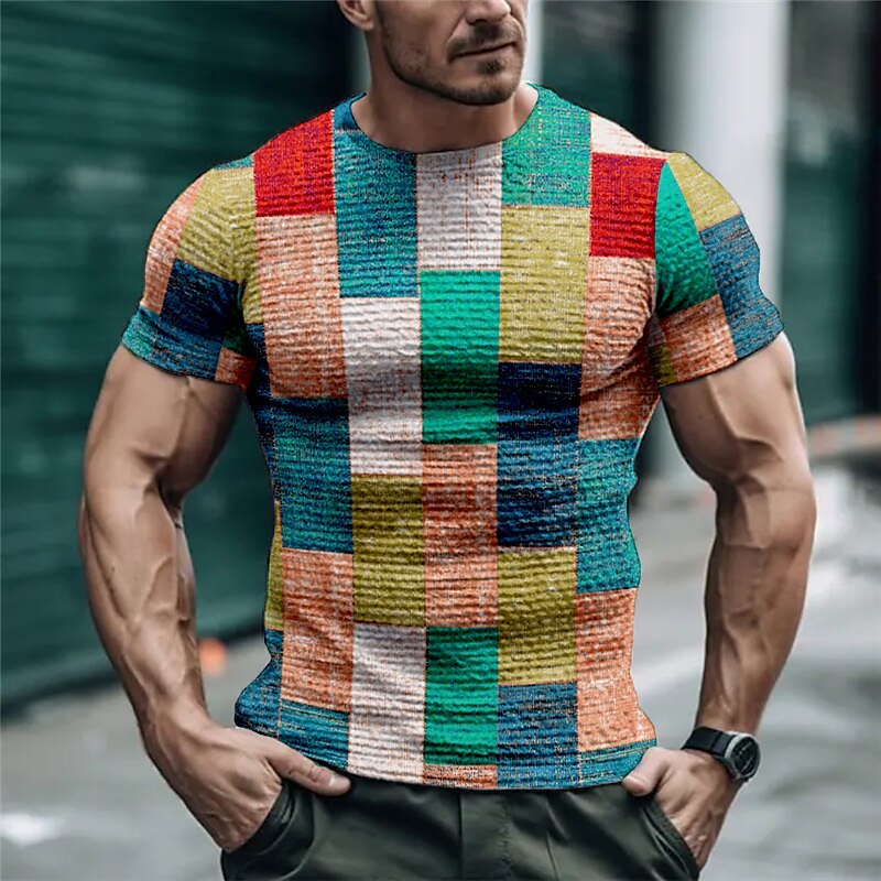 Men's Waffle T Shirt Graphic Plaid Color Block Crew Neck Print Outdoor Short Sleeve Casual Top