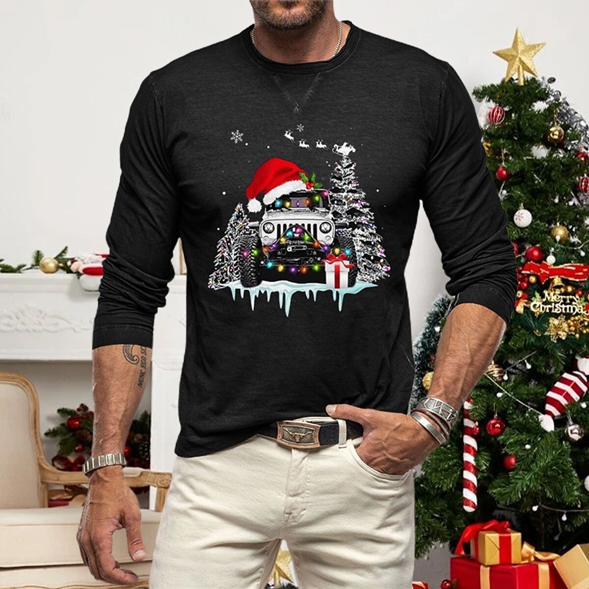 Men's Casual Christmas Car Print Crew Neck Long Sleeve Shirt