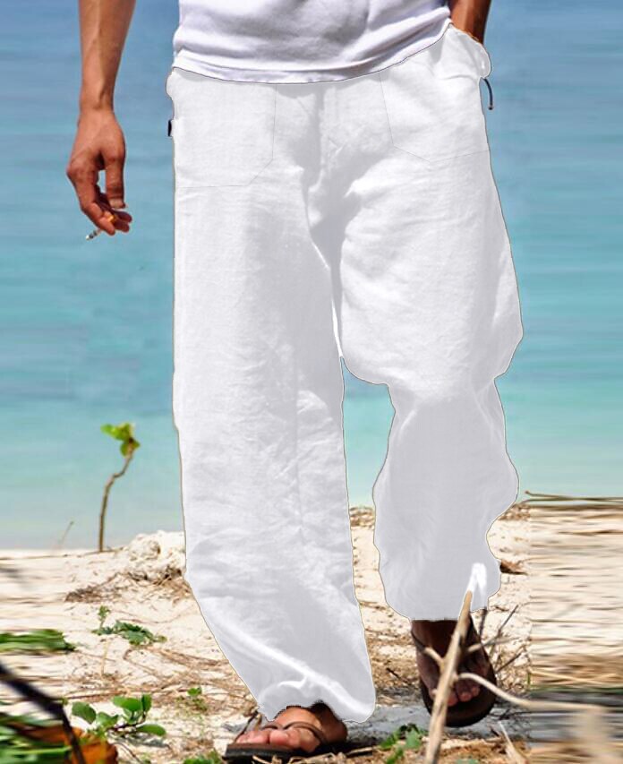 Men's Wide Leg Solid Color Comfy Breathable Casual High Waist Linen Pa