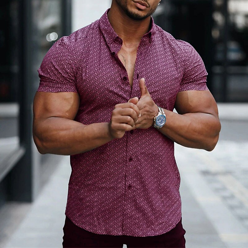 Men's Button Up Shirt Summer Shirt Short Sleeve Geometric Striped Turndown Outdoor Button-Down Streetwear Cool Casual Shirt 