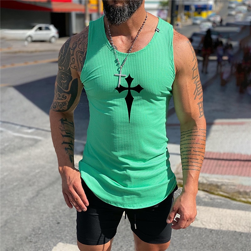 Men's Tank Top Sleeveless T Shirt for Men Graphic Cross Crew Neck Daily Sports Sleeveless Print Designer Muscle Wife Beater T Shirt