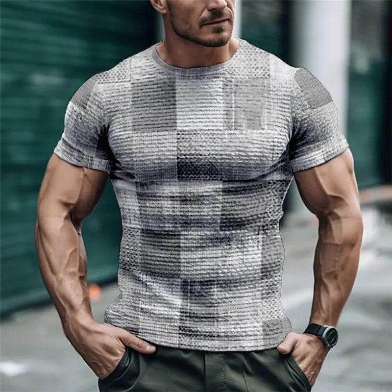 Men's T shirt Tee Waffle T Shirt Graphic Color Block Plaid / Check Crew Neck 3D Print Outdoor Street Short Sleeve Casual Top