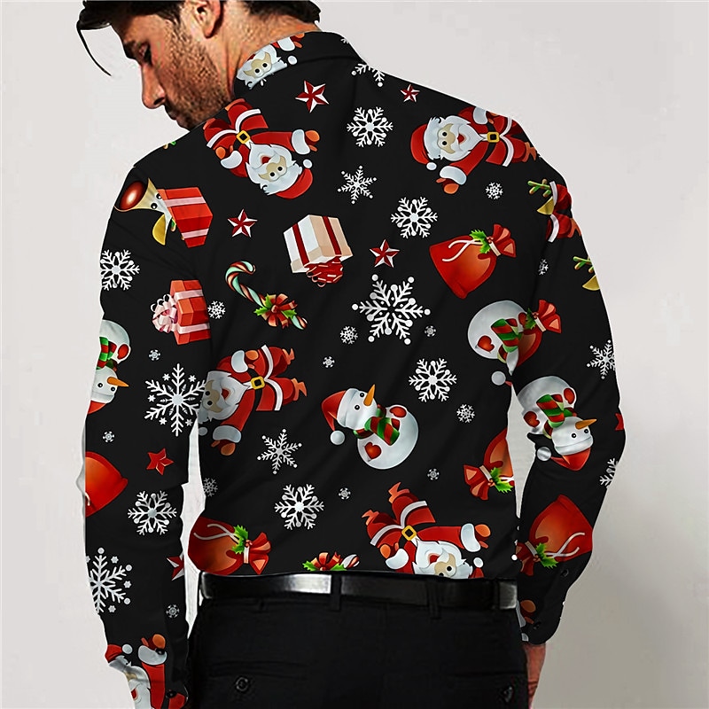 Men's Christmas Print Long Sleeve Button Long Sleeve Classic Shirt