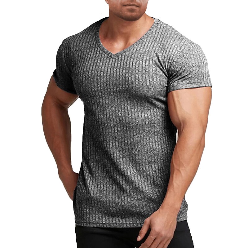 Men's Muscle T-shirt Stretch Short Sleeve V-neck Bodybuilding T-shirt