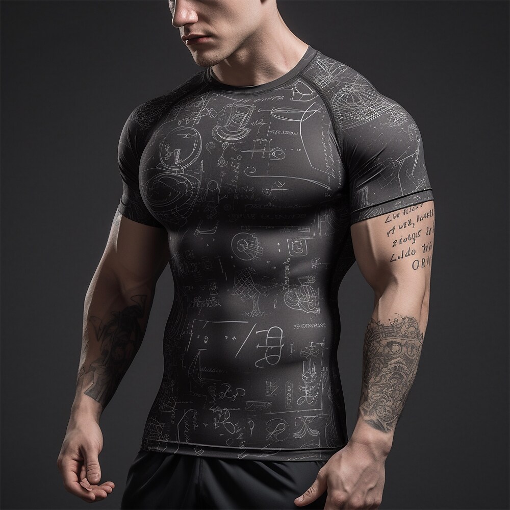 Men's Fitness Mucle Sport Runing Quick Dry Breathable Sweat Absorbency Stretch Round Neck Pattern Print Short Sleeve