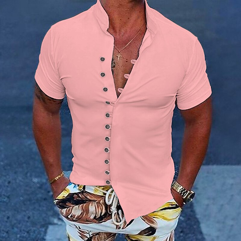 Men's Button Up Casual Summer Beach Shirt Short Sleeve Plain Stand Collar Daily Vacation Fashion Comfortable Shirt 