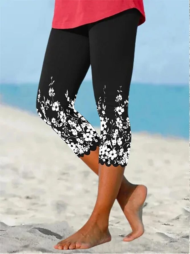 Plus Size Casual Capri Leggings, Women's Plus Daisy Print Cut Out Tie Side  Elastic Waist Slim Fit Capri Leggings