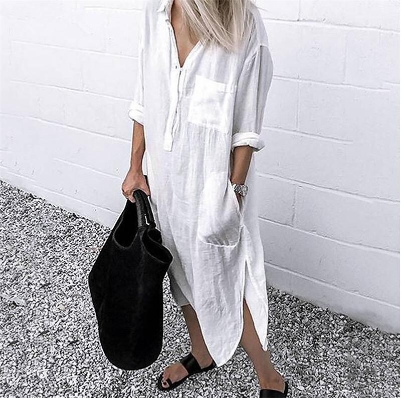 Women‘s elegant cotton linen slit shirt dress 